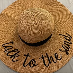 Tan Straw Sun Hat with Black Lettering